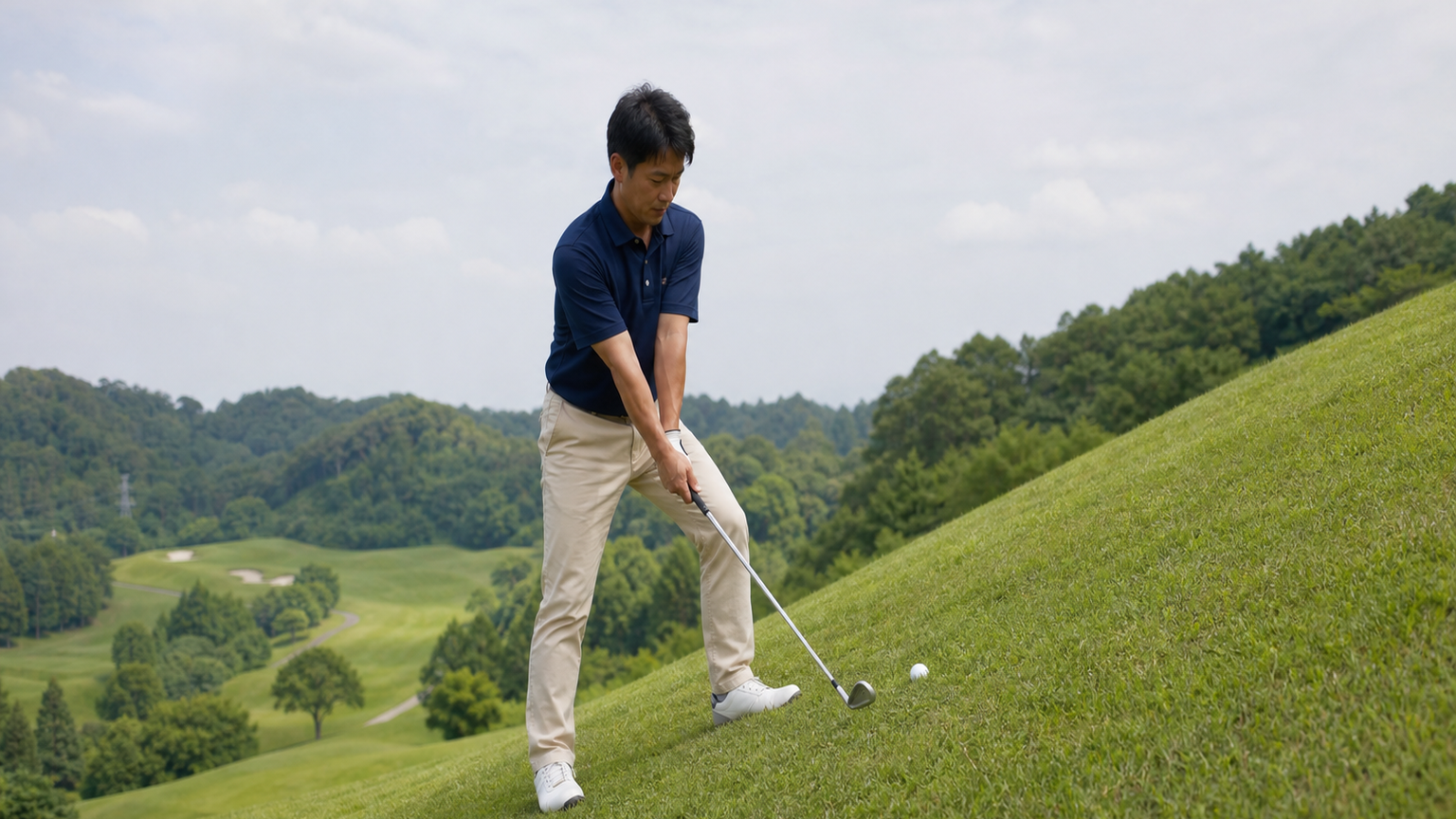 ボールが足元より高いつま先上がりの傾斜でアイアンを構えるゴルファー